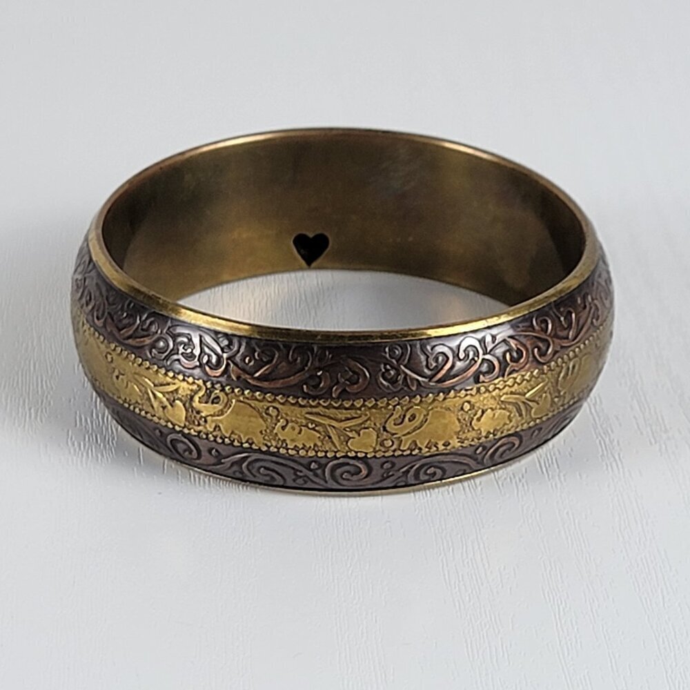 Brass Damascene Bangle Bracelet Ornate Inside Punched Heart 8 In